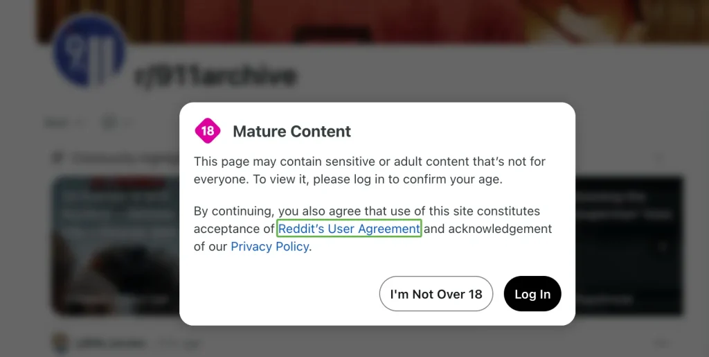 Screen cap from Reddit showing a 9/11 film archive age gated as "mature (sensitive or adult) content"